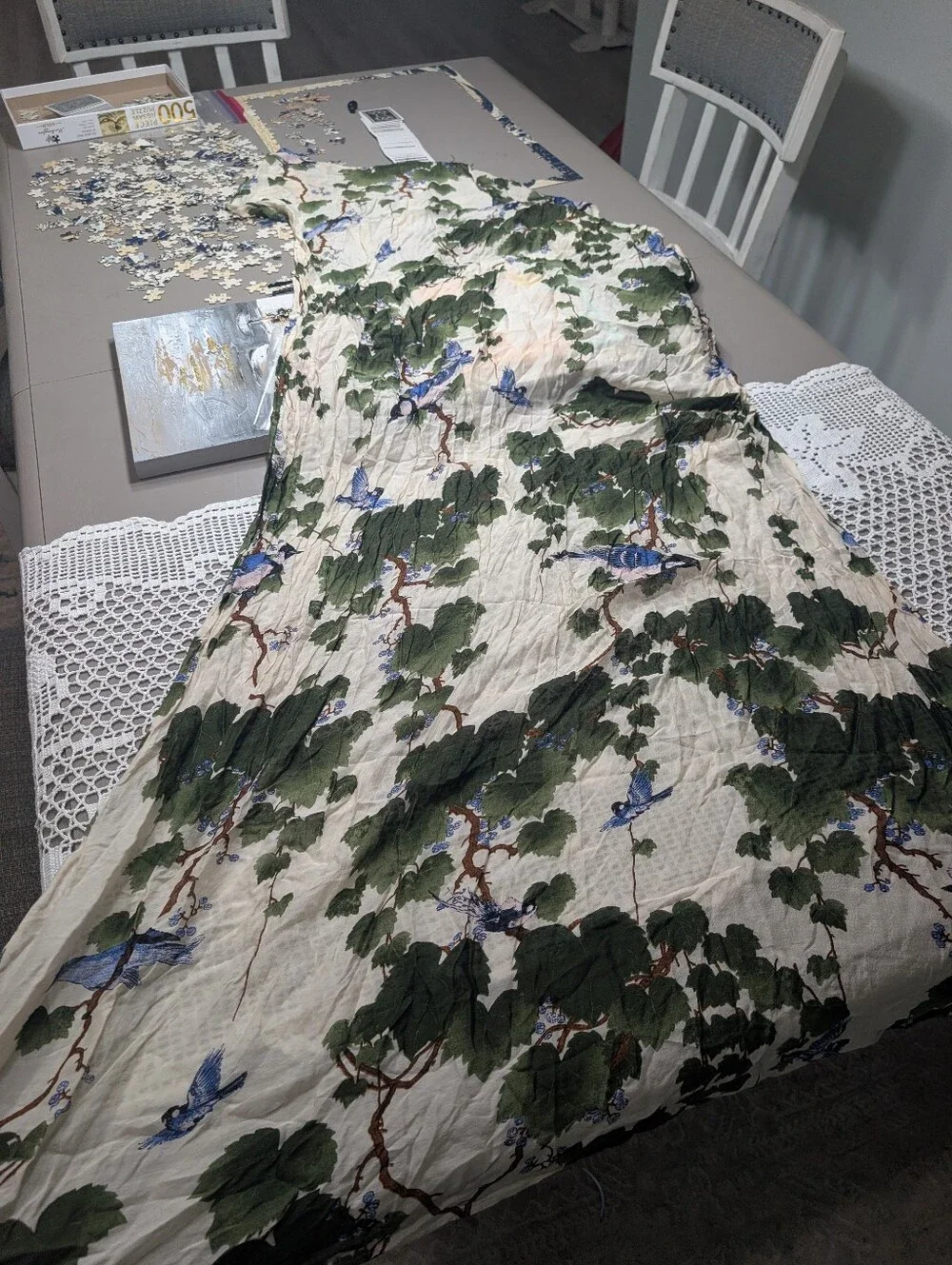 2chic Botanical Blue Bird Cotton Green & Blue Oversized Scarf